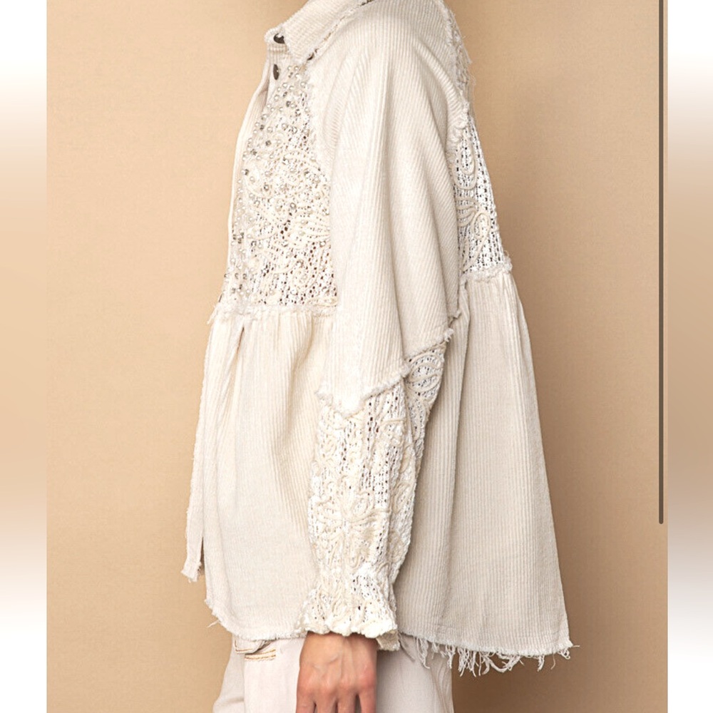 NWT POL Shabby Chic Corduroy and Crochet Lace Button Down Shirt Shacket - Picture 3 of 9